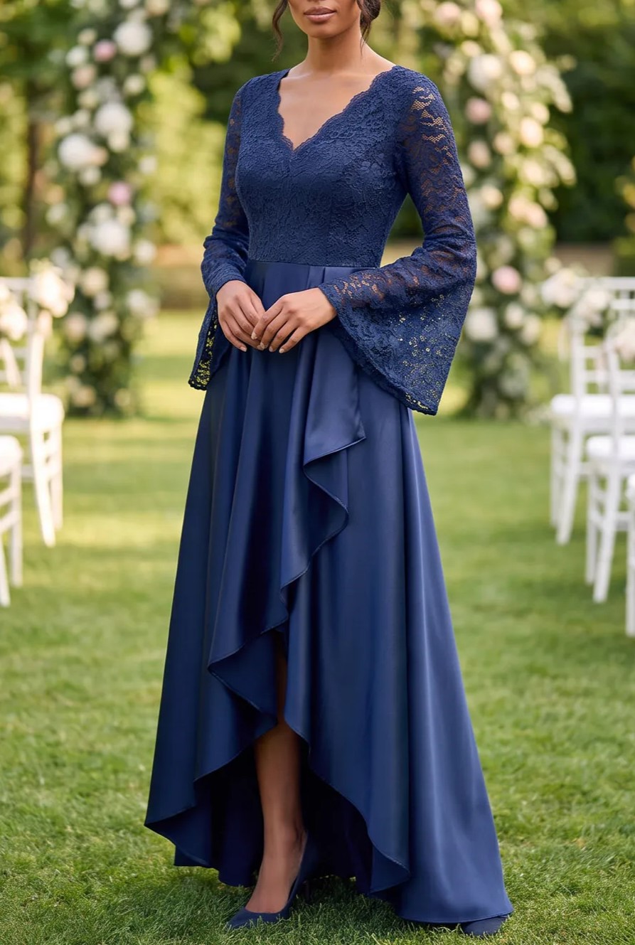 Navy Blue V‑Neck Bell‑Sleeve Lace & Stretch Satin High‑Low A‑Line Gown
