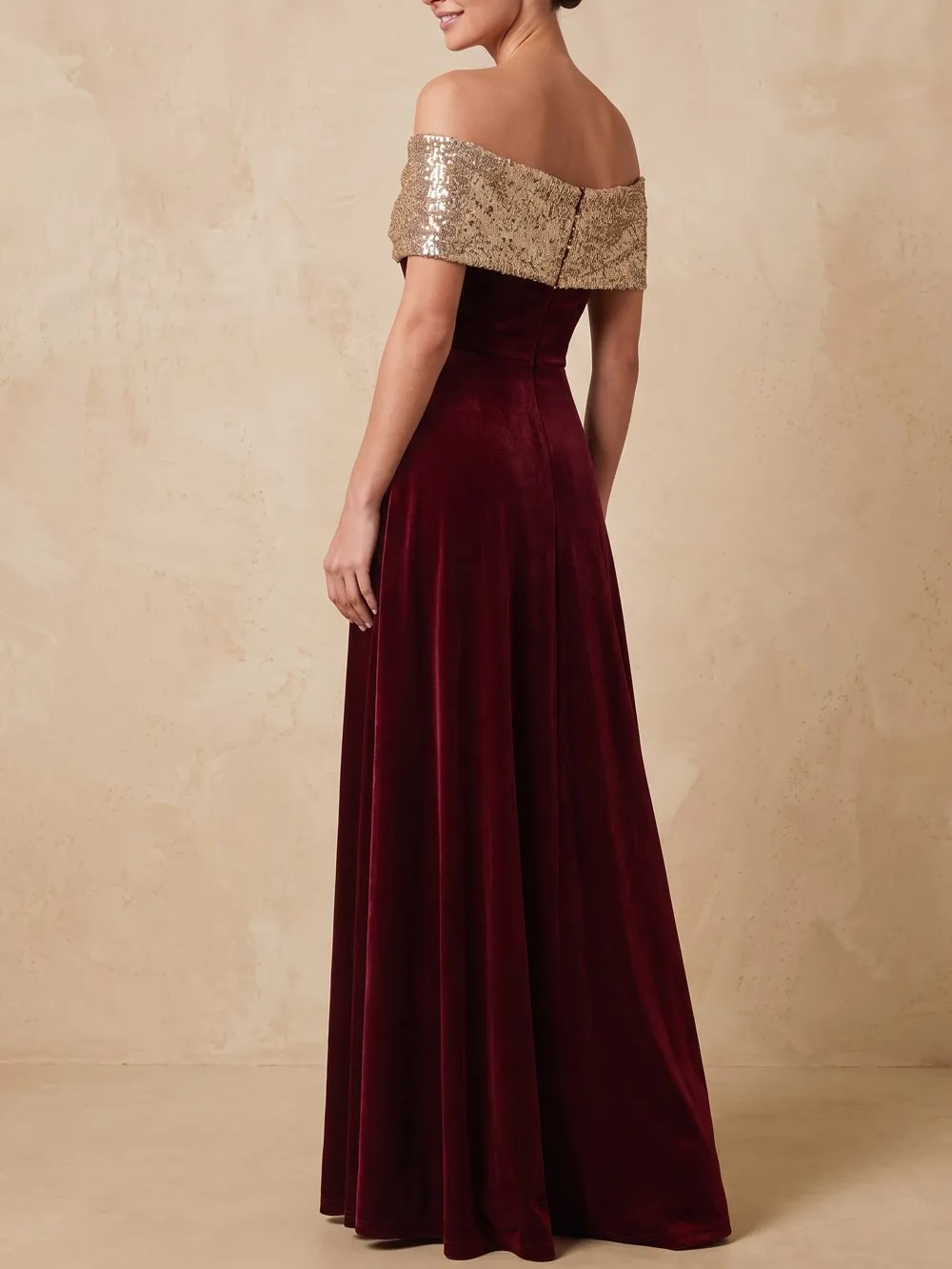 Burgundy Velvet Off Shoulder Sequin Trim A-Line Maxi Dress