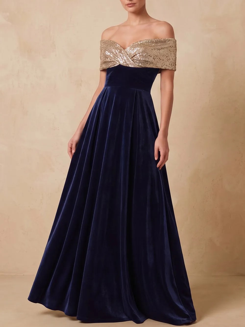 Burgundy Velvet Off Shoulder Sequin Trim A-Line Maxi Dress