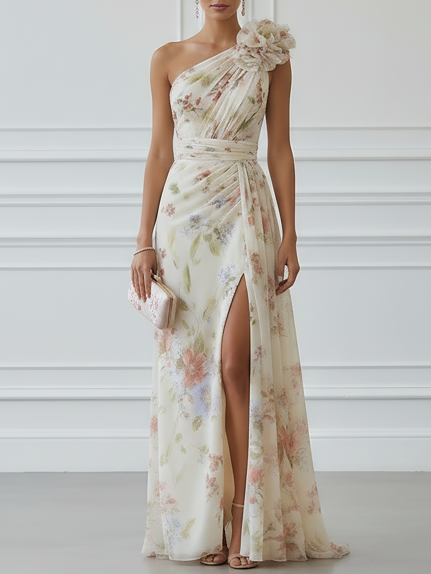 Off White Floral 3D Floral Chiffon One Shoulder Sleeveless A-Line Maxi Dress