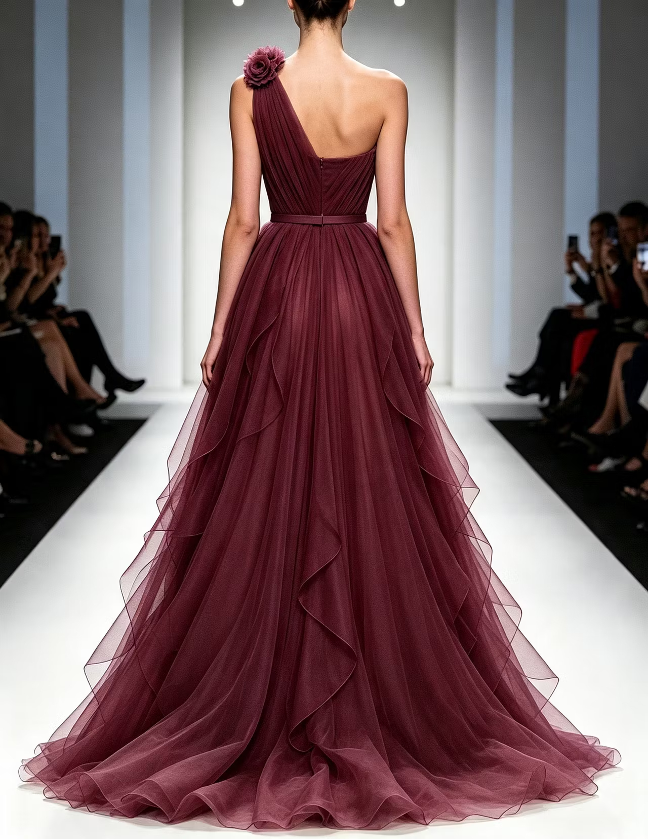 One‑Shoulder 3D Floral Tulle Ruffled Layers Waist Belt A‑Line Maxi Dress
