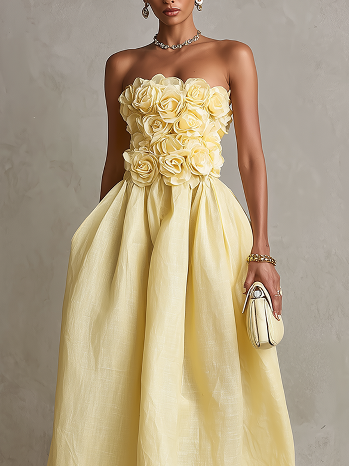 Yellow Strapless Floral Applique Midi Dress