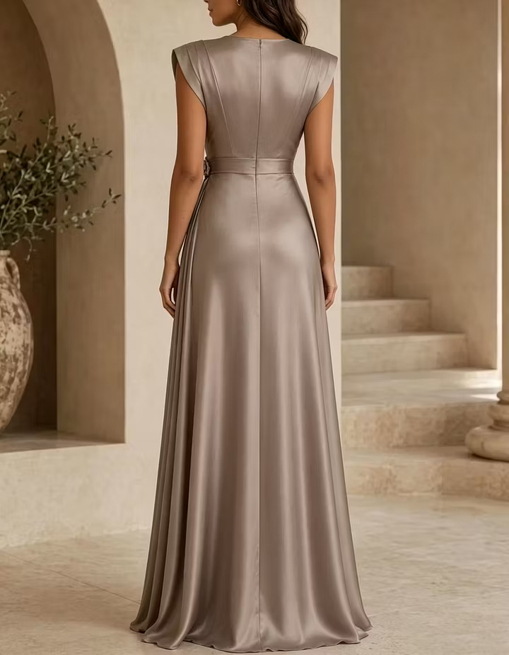 Taupe Deep-V Sleeveless Floral Waist Pleated Maxi Dress