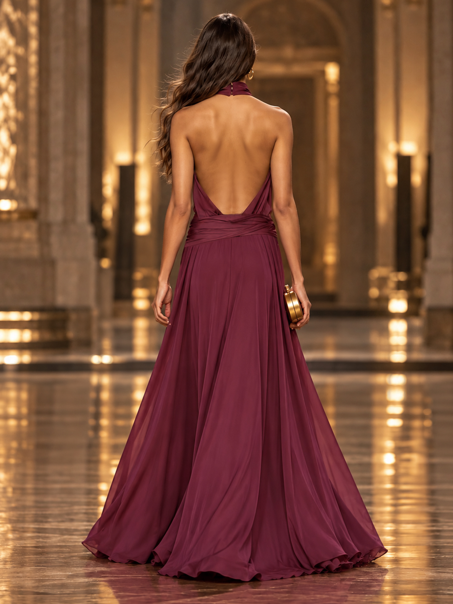 Burgundy Halter Backless High Slit Chiffon Maxi Dress