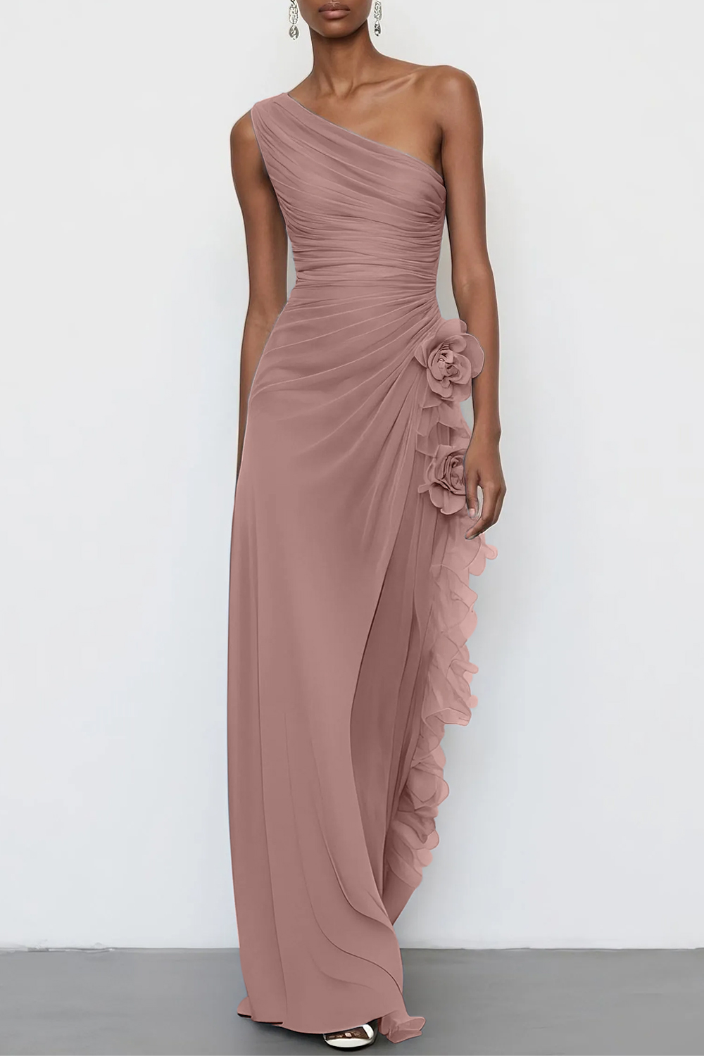 Light Blue 3D Floral Chiffon One Shoulder Sleeveless Sheath Maxi Dress