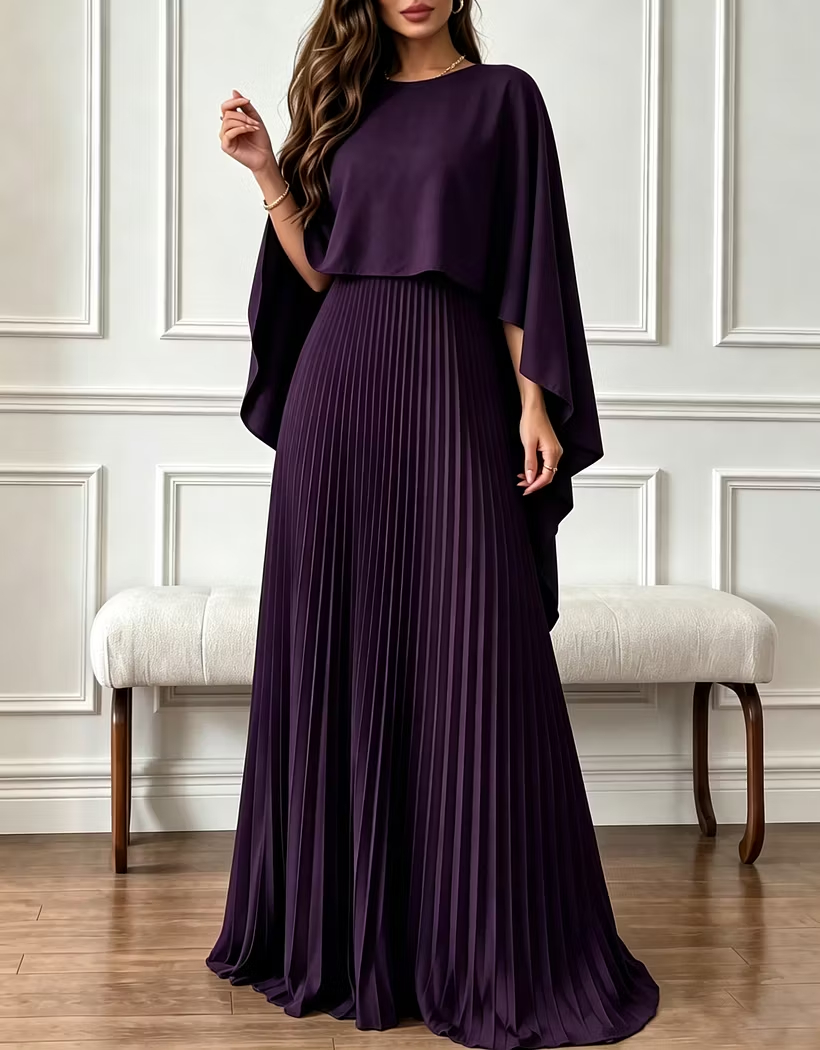 Round Neck Chiffon Cape Overlay Evening A‑Line Maxi Dress