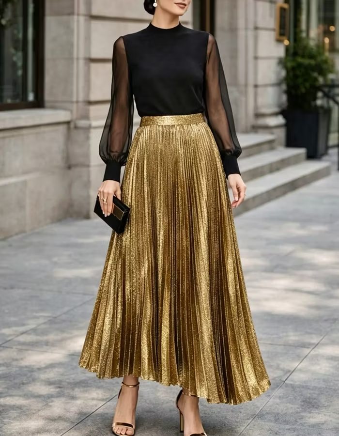 Black Gold High Neck Sheer Long Sleeve Sequin Pleated Tea-Length Dress