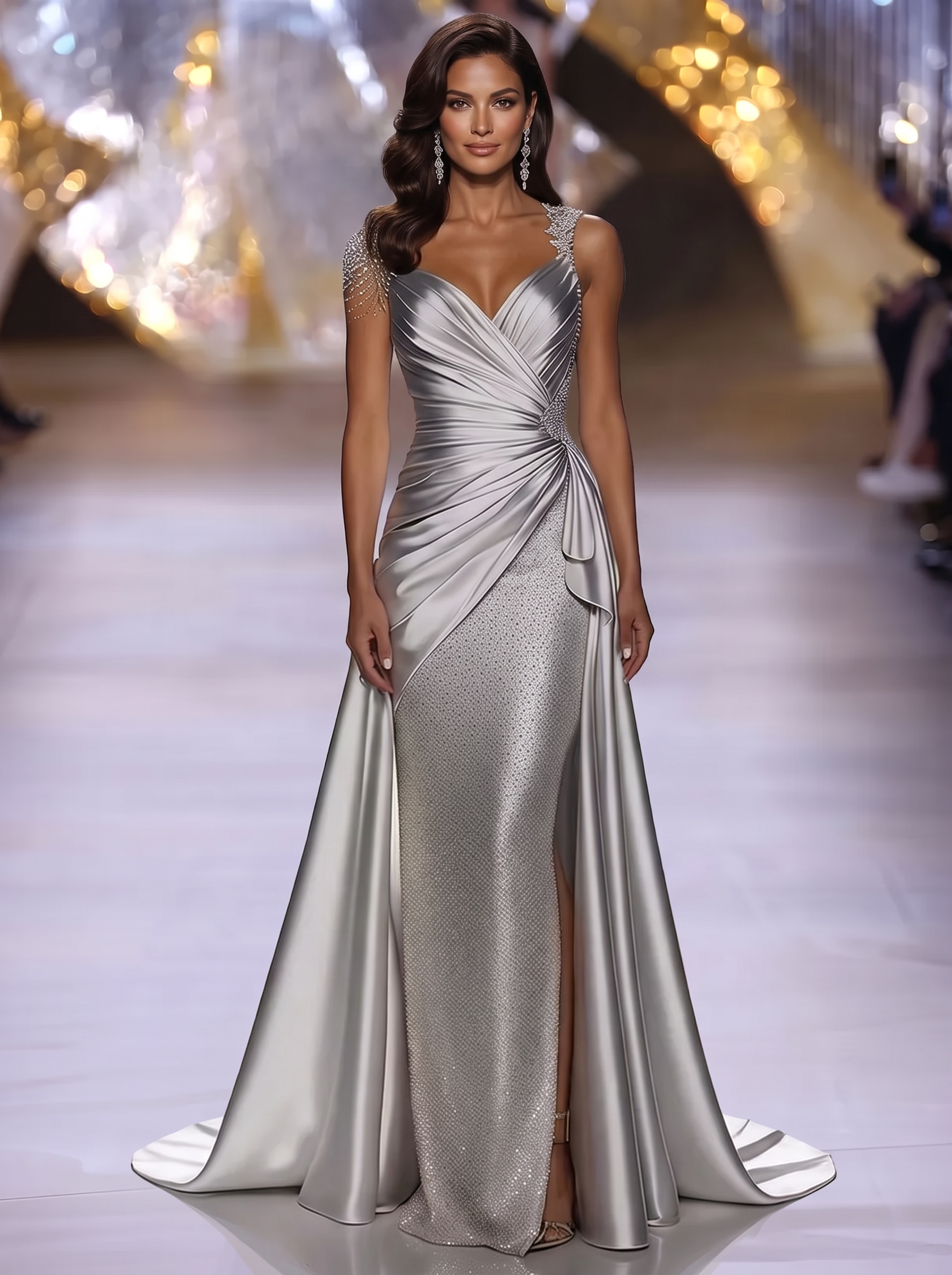 Silver Grey Deep V-Neck Draped Satin Metallic Mermaid Maxi Dress