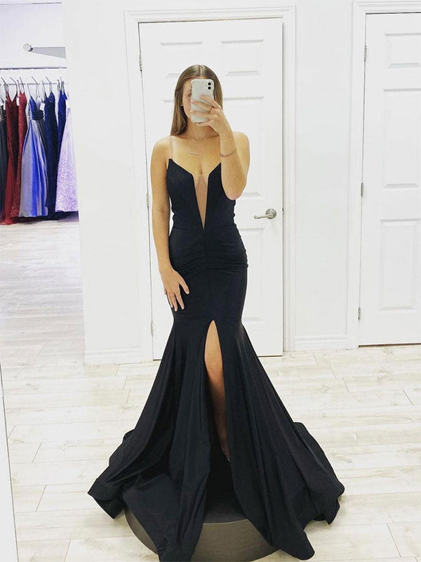 Black Mermaid Strapless Deep V Neck Satin Long Prom Dress with Slit