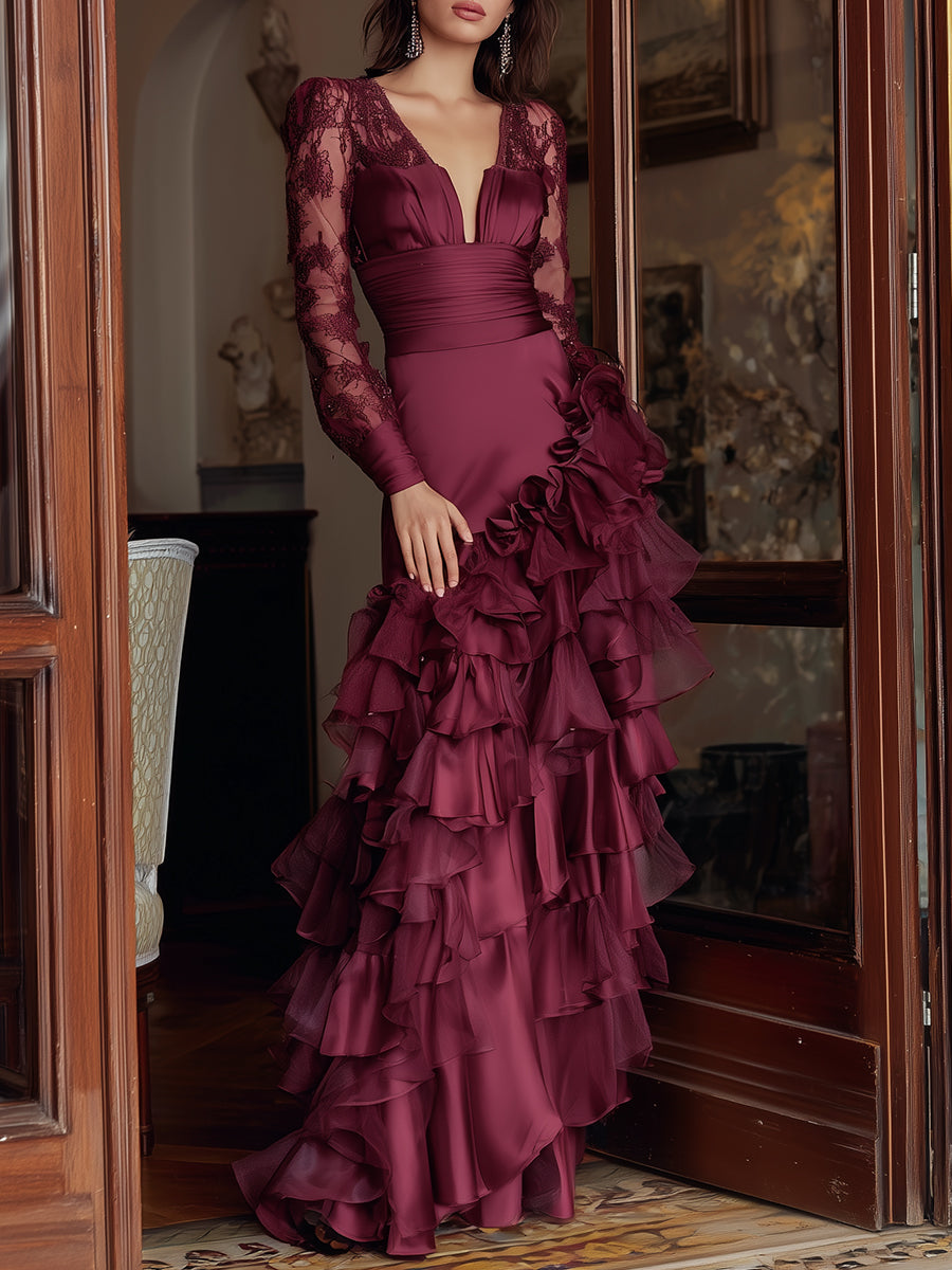 Elegant Burgundy Ruffled Evening Gown