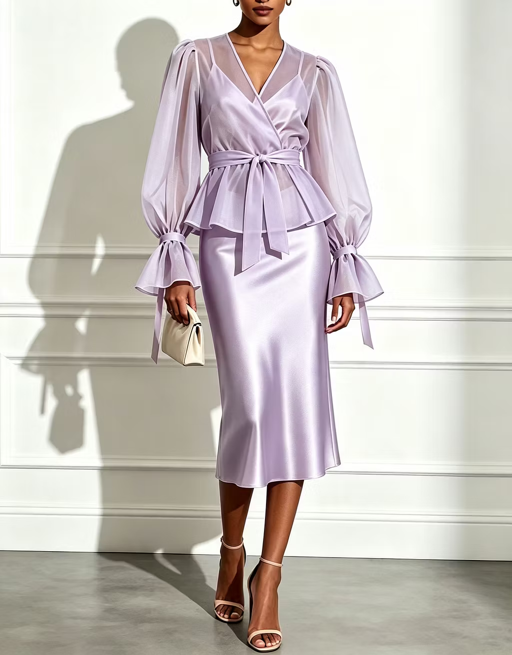 Champagne Chiffon Puff‑Sleeve Overlay Top with Belt & Satin Cami Midi Dress