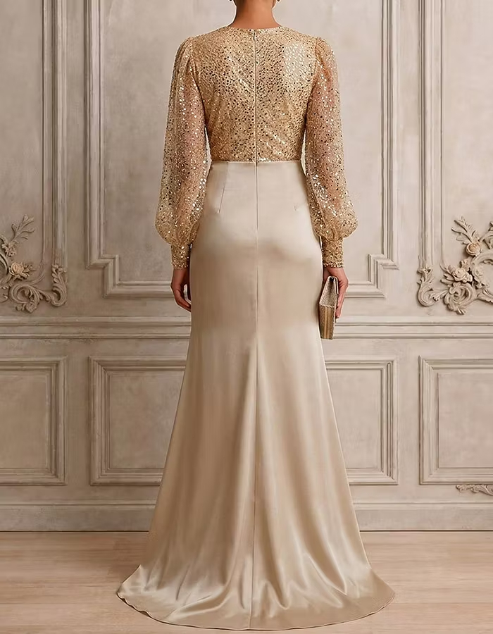 Champagne Gold V‑Neck Puff‑Long‑Sleeve Sequin‑Tulle & Satin Mermaid Maxi Dress