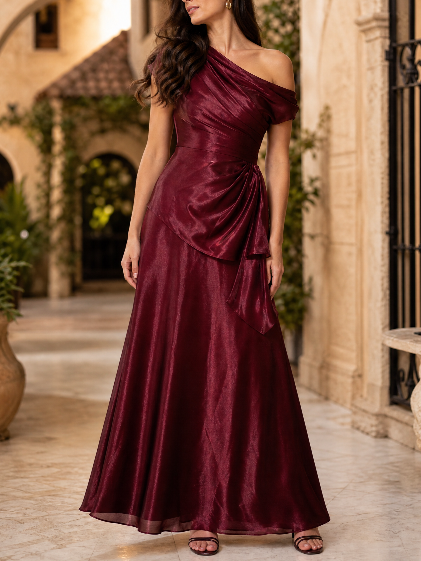Burgundy One-Shoulder Draped Satin-Finish Floor-Length Gown Dress