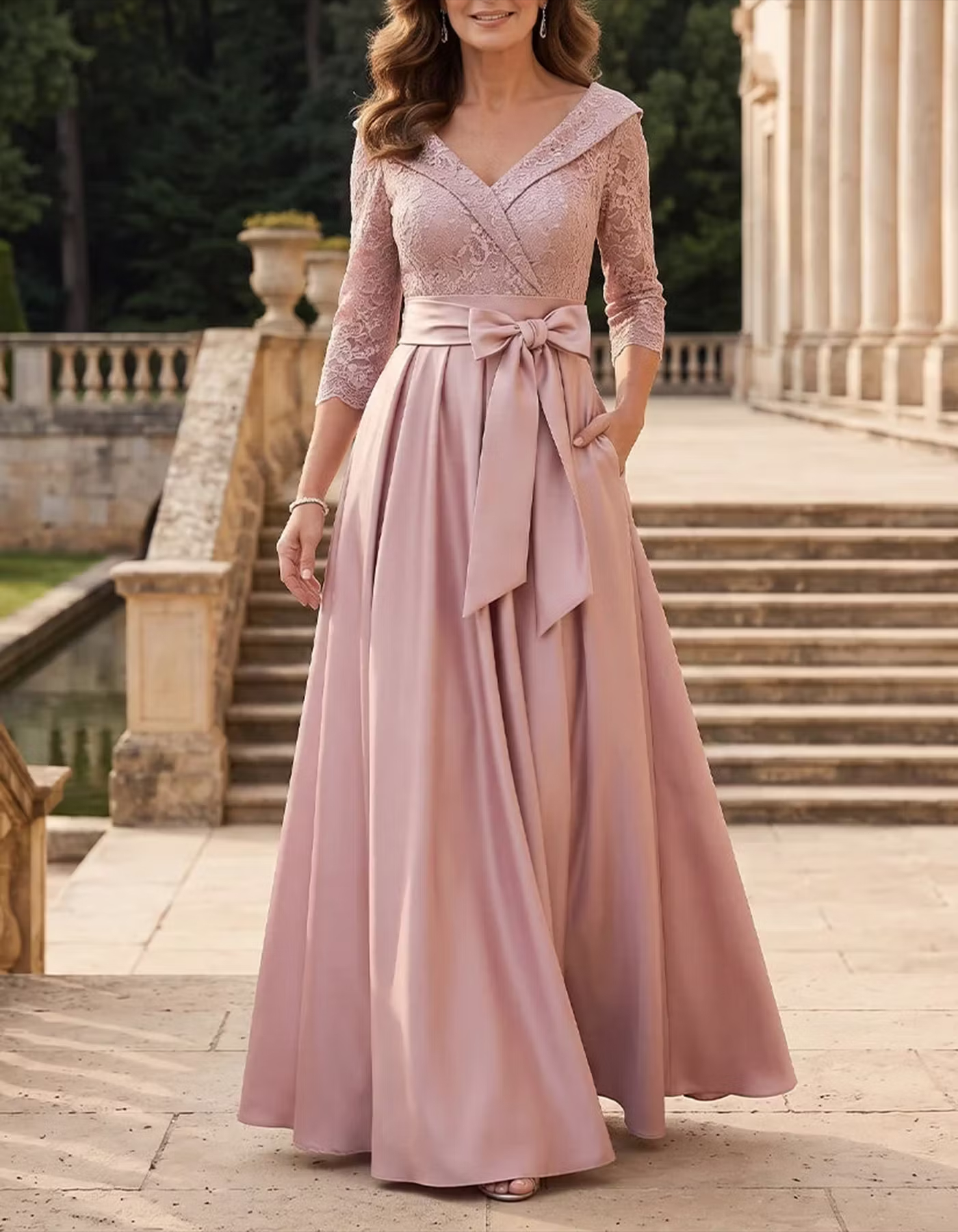 Dusty Rose V-Neck 3/4 Sleeve Lace Bodice Sash Bow A-Line Maxi Dress