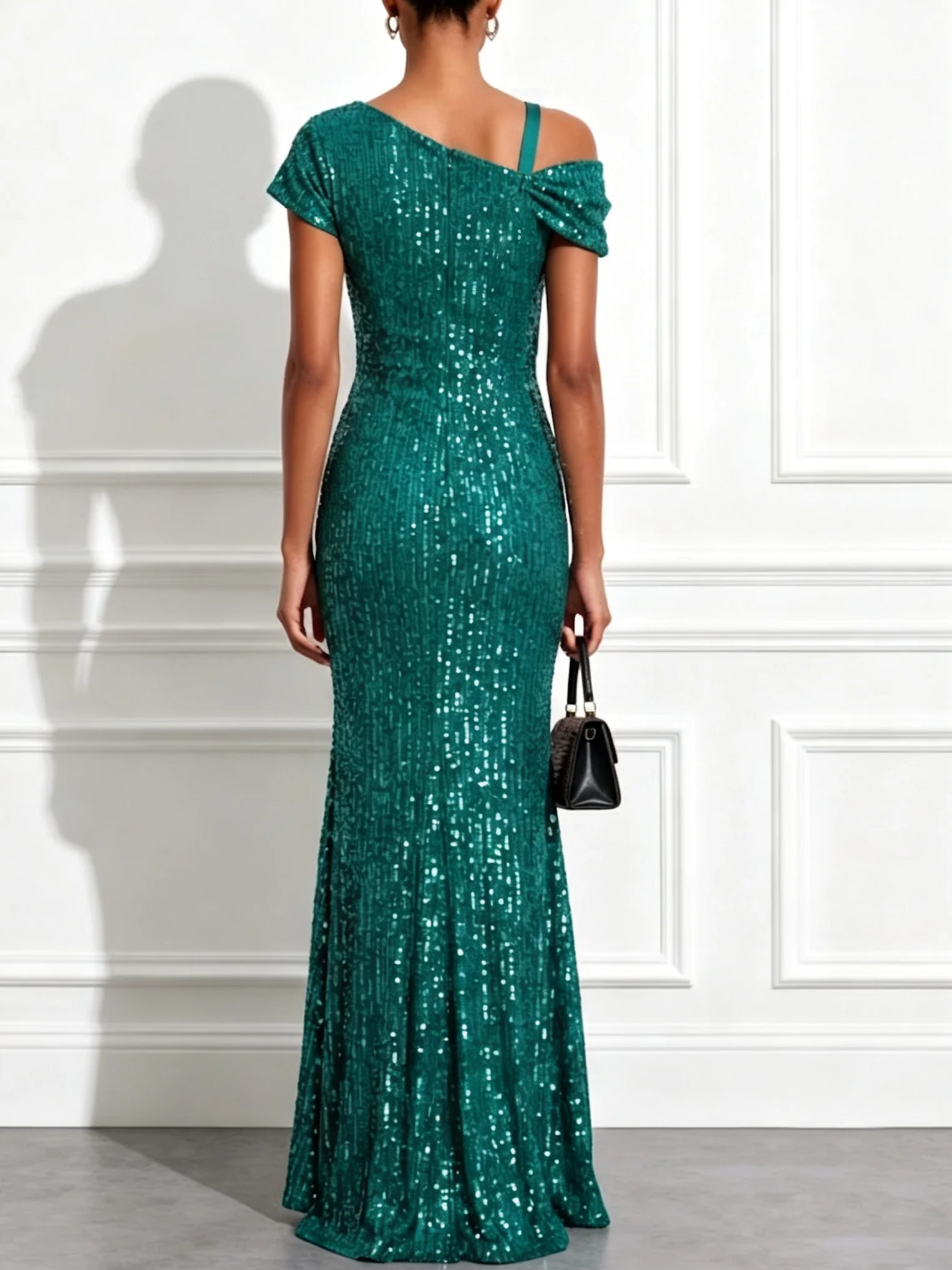 Emerald Green Asymmetrical Off Shoulder Bow Sequin Maxi Mermaid Evening Gown