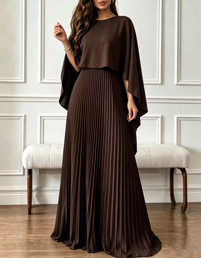 Round Neck Chiffon Cape Overlay Evening A‑Line Maxi Dress
