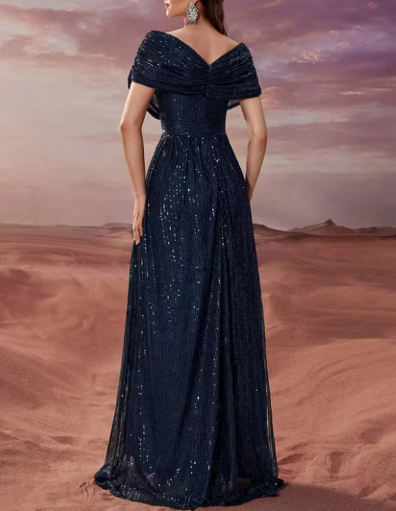 Navy Blue V‑Neck Sequin Tulle Fitted Waist A‑Line Maxi Dress