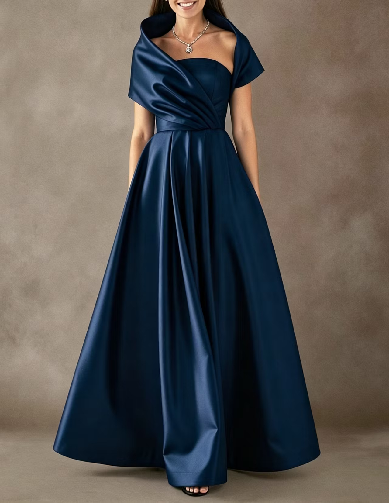  Deep Purple Satin One Shoulder Draped A-Line Maxi Dress