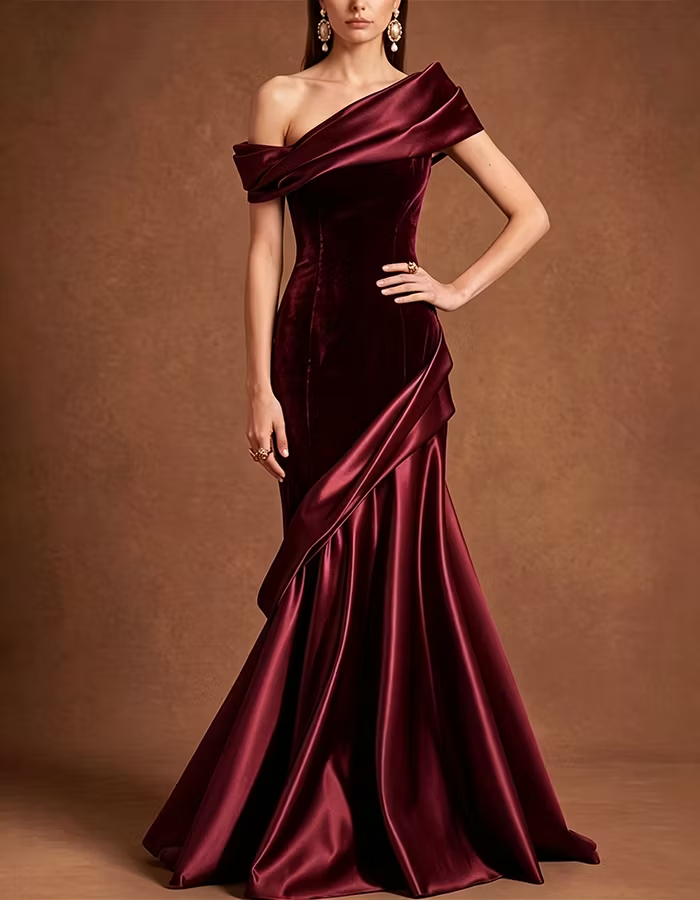 Navy Blue One Shoulder Velvet Satin Mermaid Evening Dress