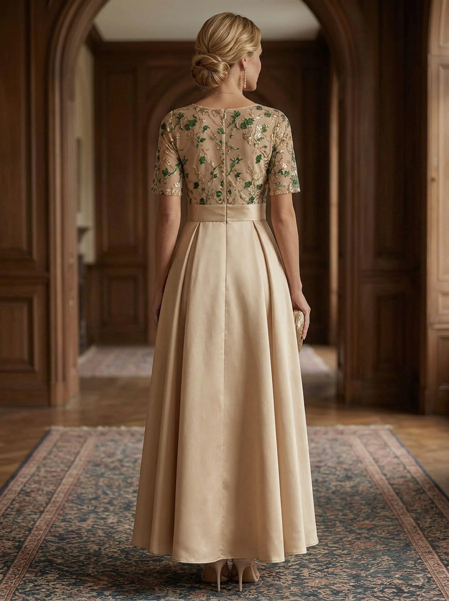 Champagne V-Neck Short Sleeve Floral Embroidery A-Line Maxi Dress