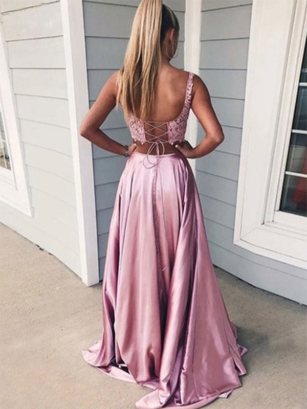 Pink A Line Lace Two Pieces Long Prom Dress with Slit