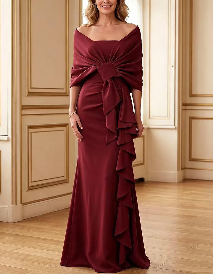 Light Blue Off-Shoulder Square-Neck Bow Ruffle Mermaid Maxi Dress