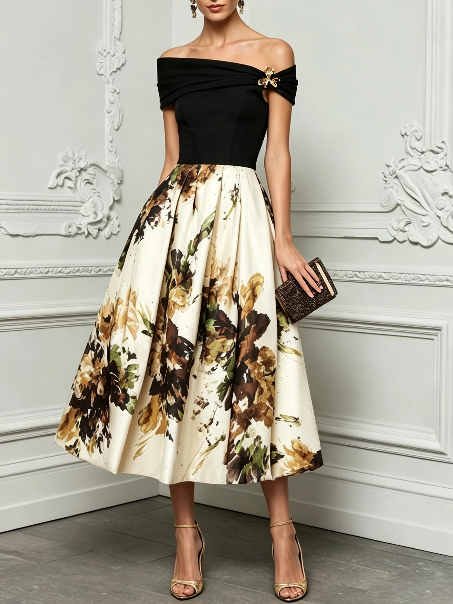 Black Ivory Floral Off Shoulder A Line Midi Dress