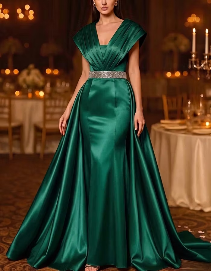 Gold Pleated V‑Neck Cap‑Sleeve Beaded‑Waist Satin Mermaid Maxi Dress