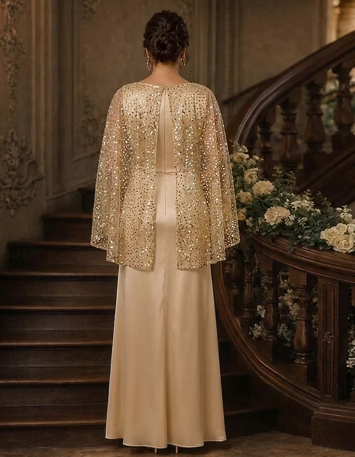 Solid Color Boat Neck Shawl Style Sequined Satin Maxi Dress