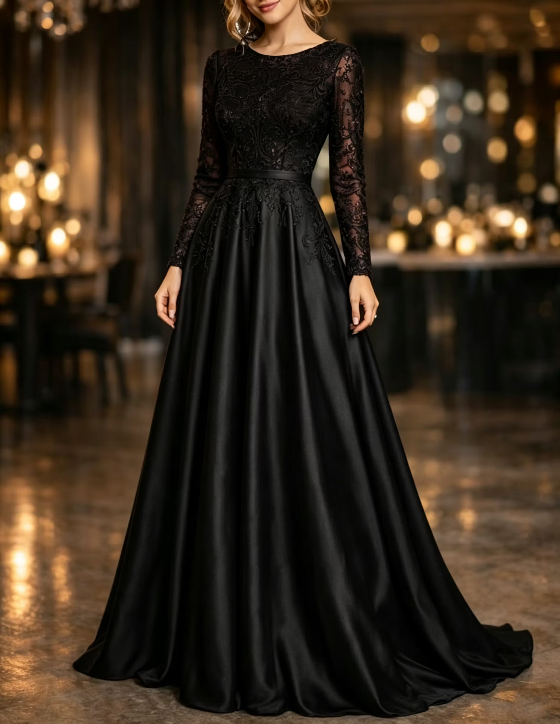 Burgundy Round Neck Lace Embroidered Satin Long‑Sleeve A‑Line Maxi Dress