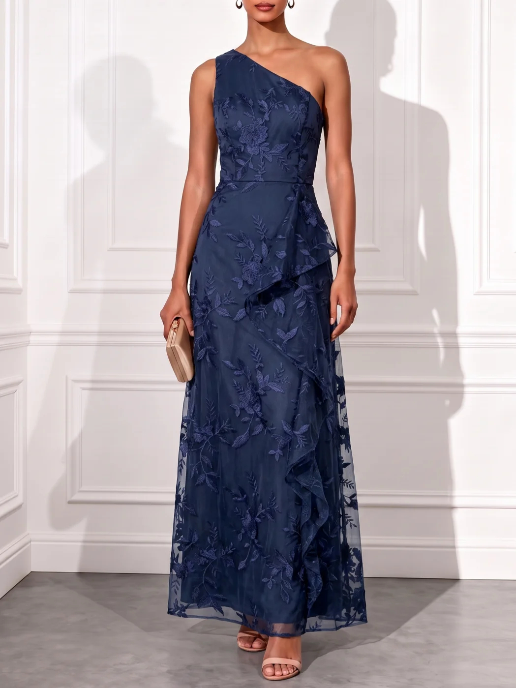Navy Blue One Shoulder Floral Embroidery Ruffled Maxi Dress