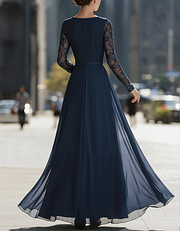 Navy Blue V-Neck Lace Maxi Dress