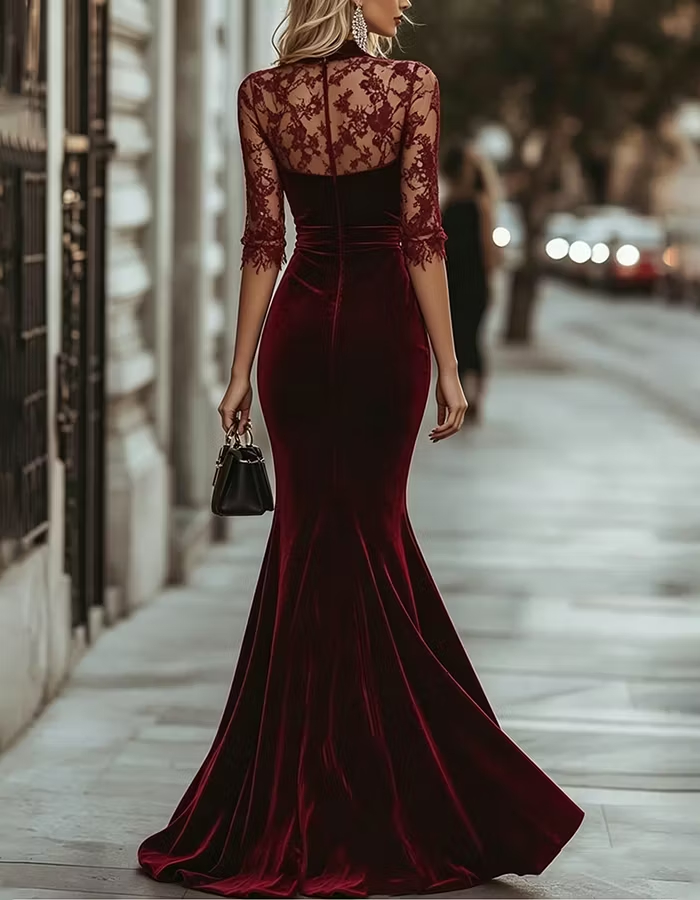 Burgundy High‑Neck Illusion Lace Three‑Quarter‑Sleeve Velvet Mermaid Maxi Dress