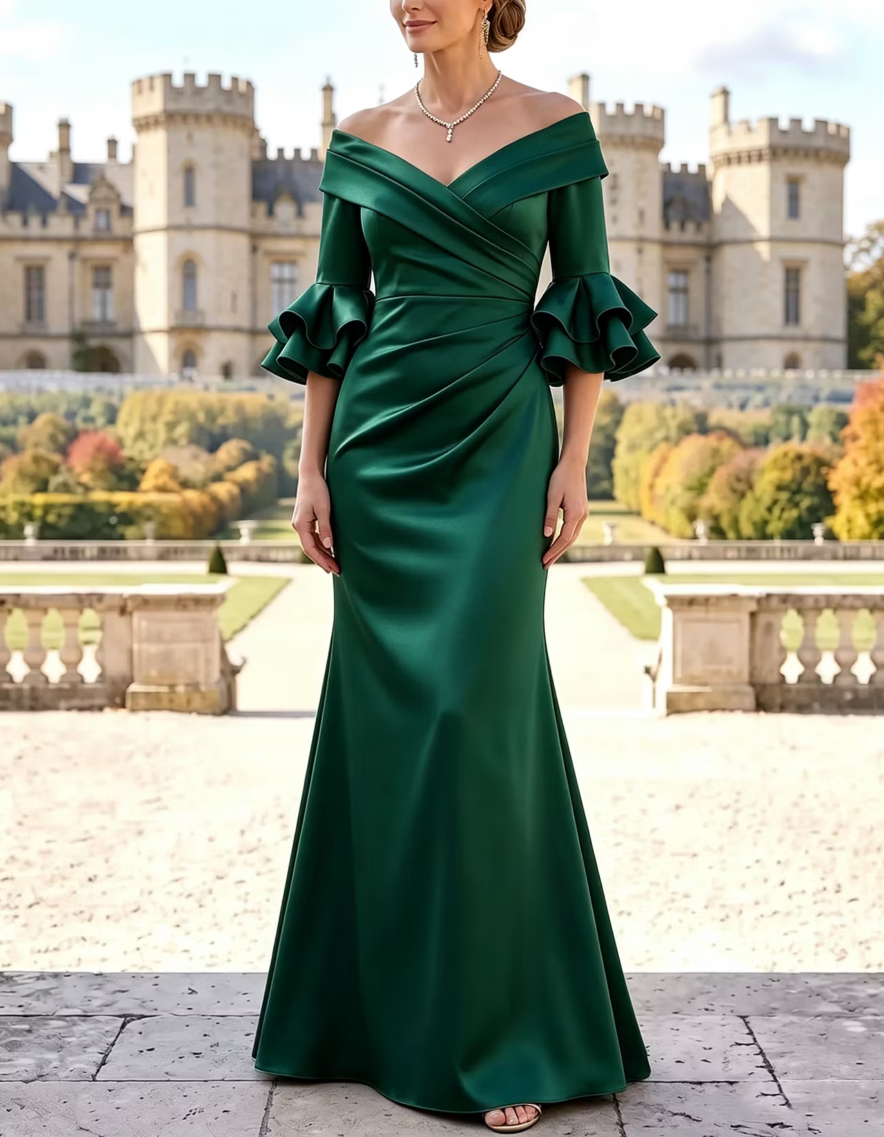 Champagne Off-Shoulder Flounce-Sleeve Mermaid Maxi Dress