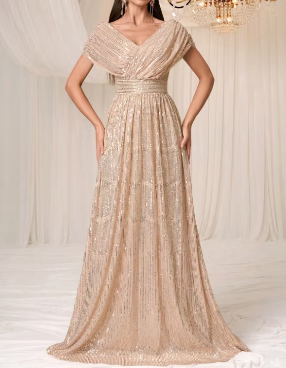 Navy Blue V‑Neck Sequin Tulle Fitted Waist A‑Line Maxi Dress