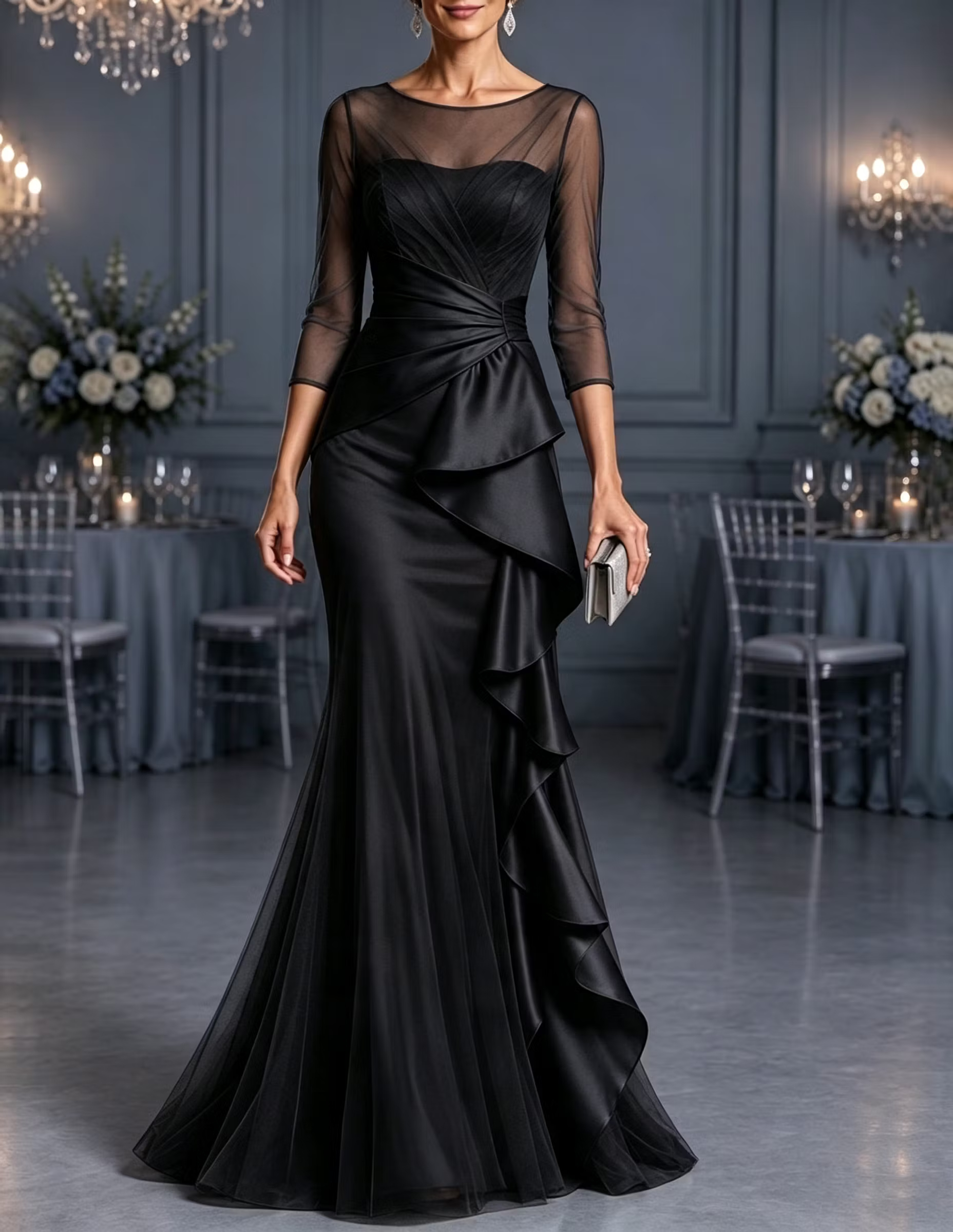 Illusion Round Neck Tulle & Satin Cascading Ruffles 3/4 Sleeve Mermaid Maxi Dress
