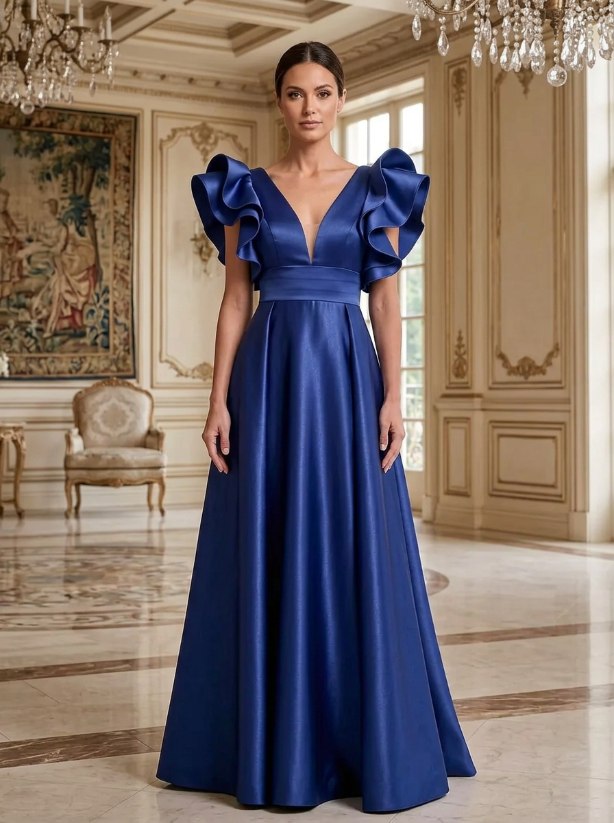 Navy Blue Deep-V Ruffle Wide-Waistband Satin A-Line Maxi Dress