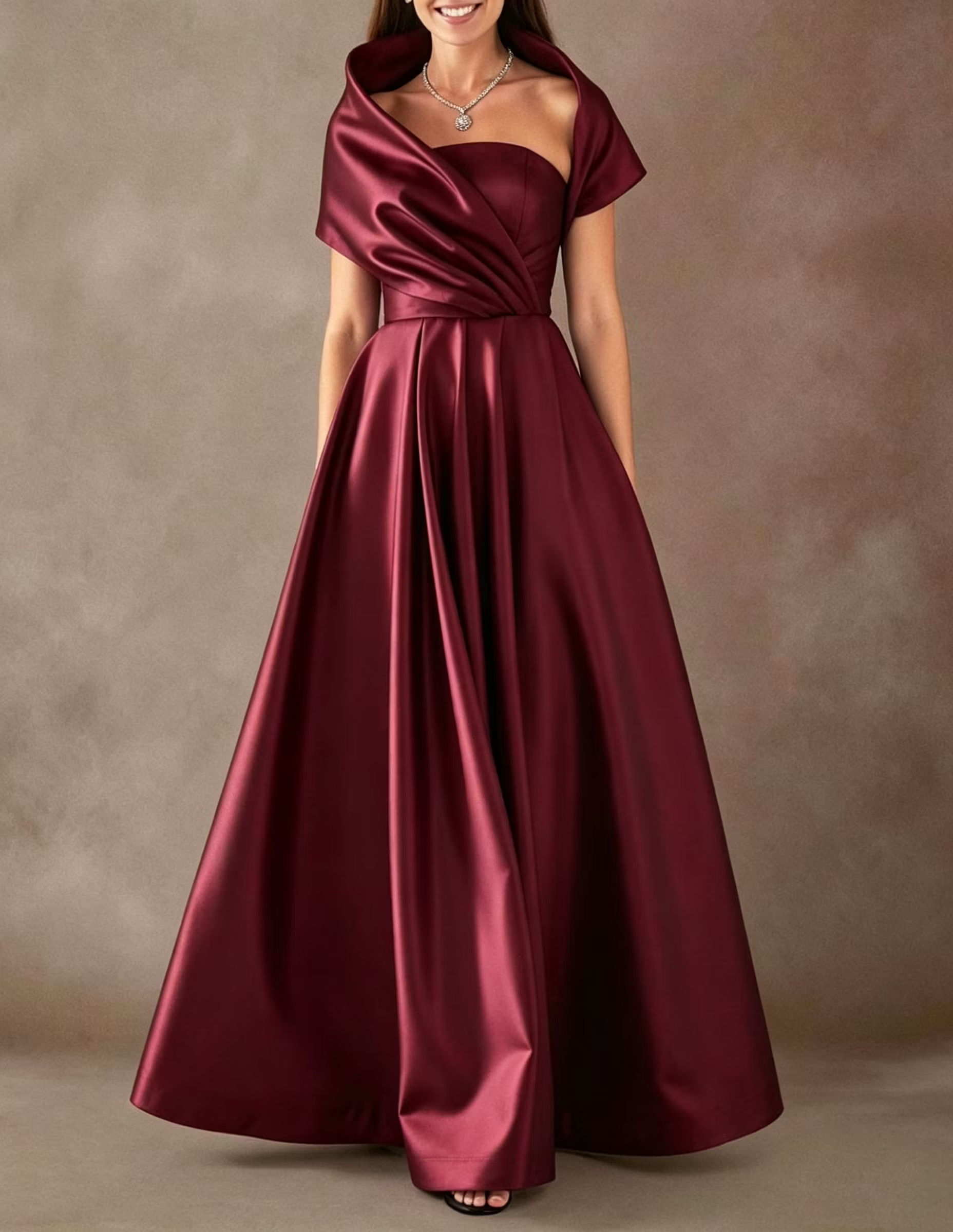  Deep Purple Satin One Shoulder Draped A-Line Maxi Dress