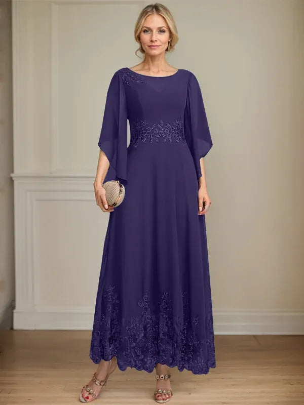 A-line Scoop Illusion Ankle-Length Lace Chiffon Mother of the Bride Dress With Sequins