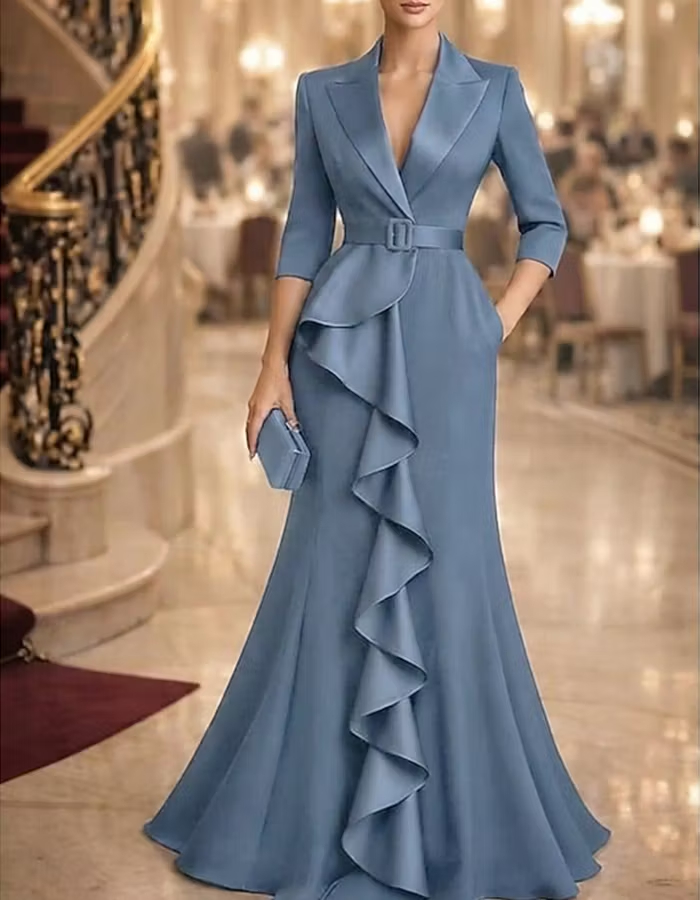 V Neck 3/4 Sleeve Belted Waist Cascading Ruffle Satin Maxi Dress