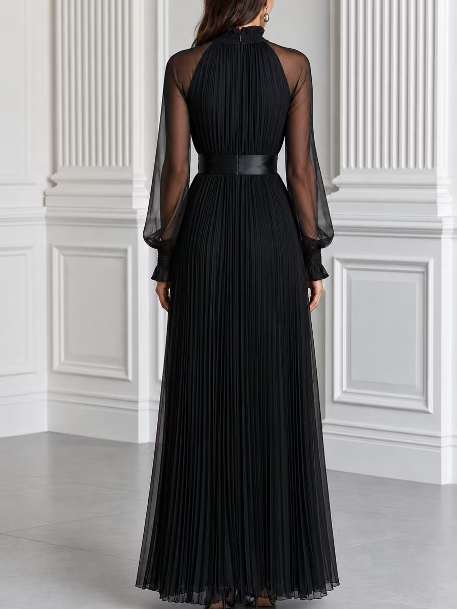 Black Pleated Sheer Long Sleeve Satin Belt Maxi Evening Dress