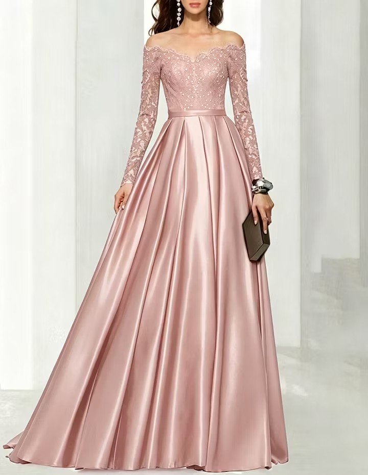 Blue Off‑the‑Shoulder Lace Embroidered Satin Long‑Sleeve A‑Line Evening Maxi Dress