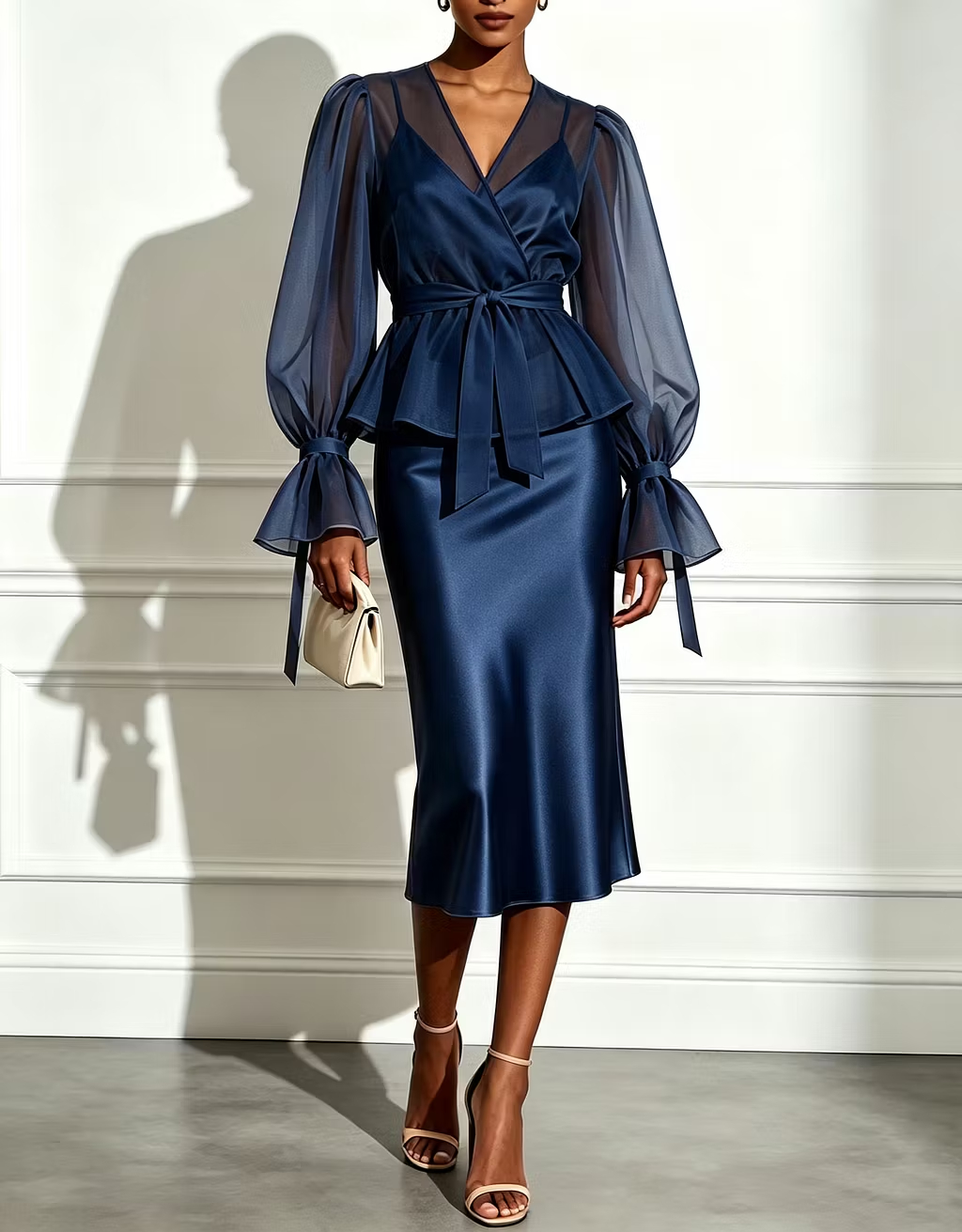 Champagne Chiffon Puff‑Sleeve Overlay Top with Belt & Satin Cami Midi Dress