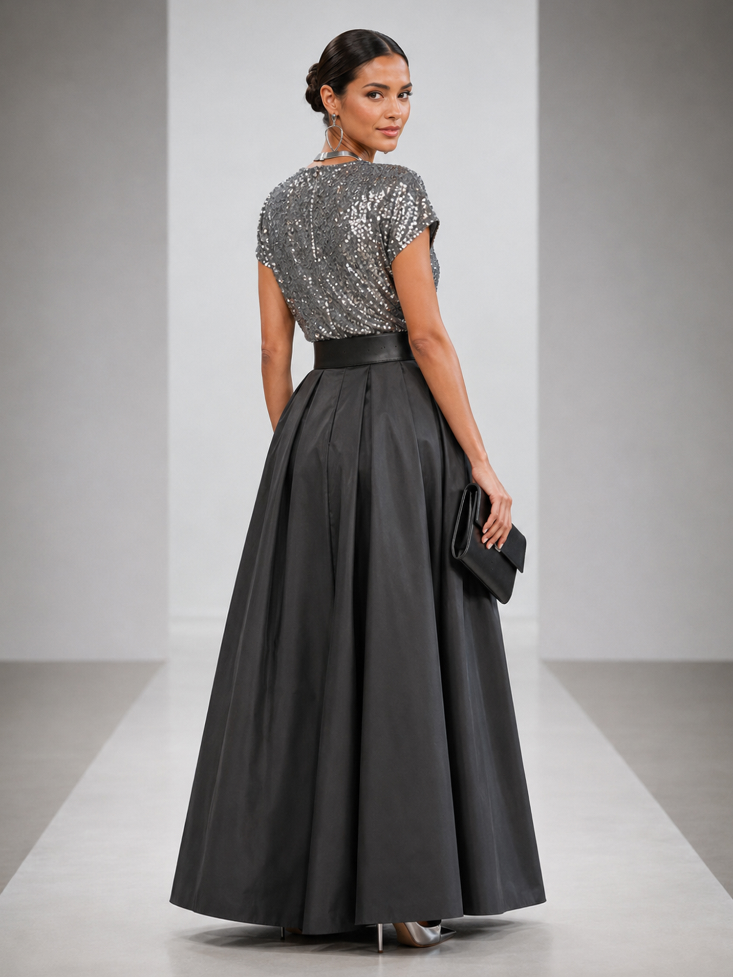 Dark Grey V‑Neck Short‑Sleeve A‑Line Sequin & Taffeta Maxi Evening Gown