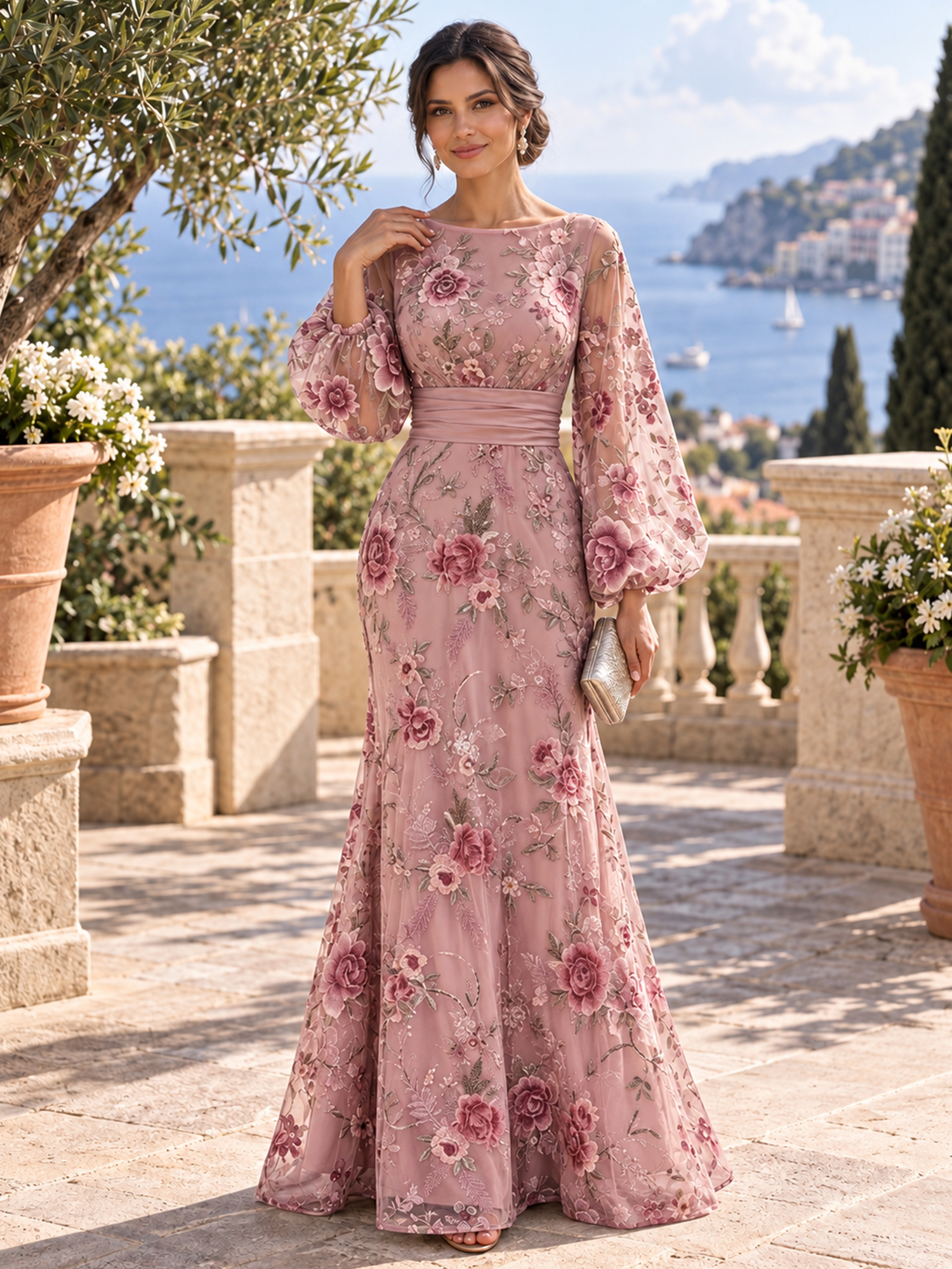 Dusty Pink Boat Neck Long Puff Sleeve 3D Floral Appliqué Mermaid Floor-Length Maxi Dress