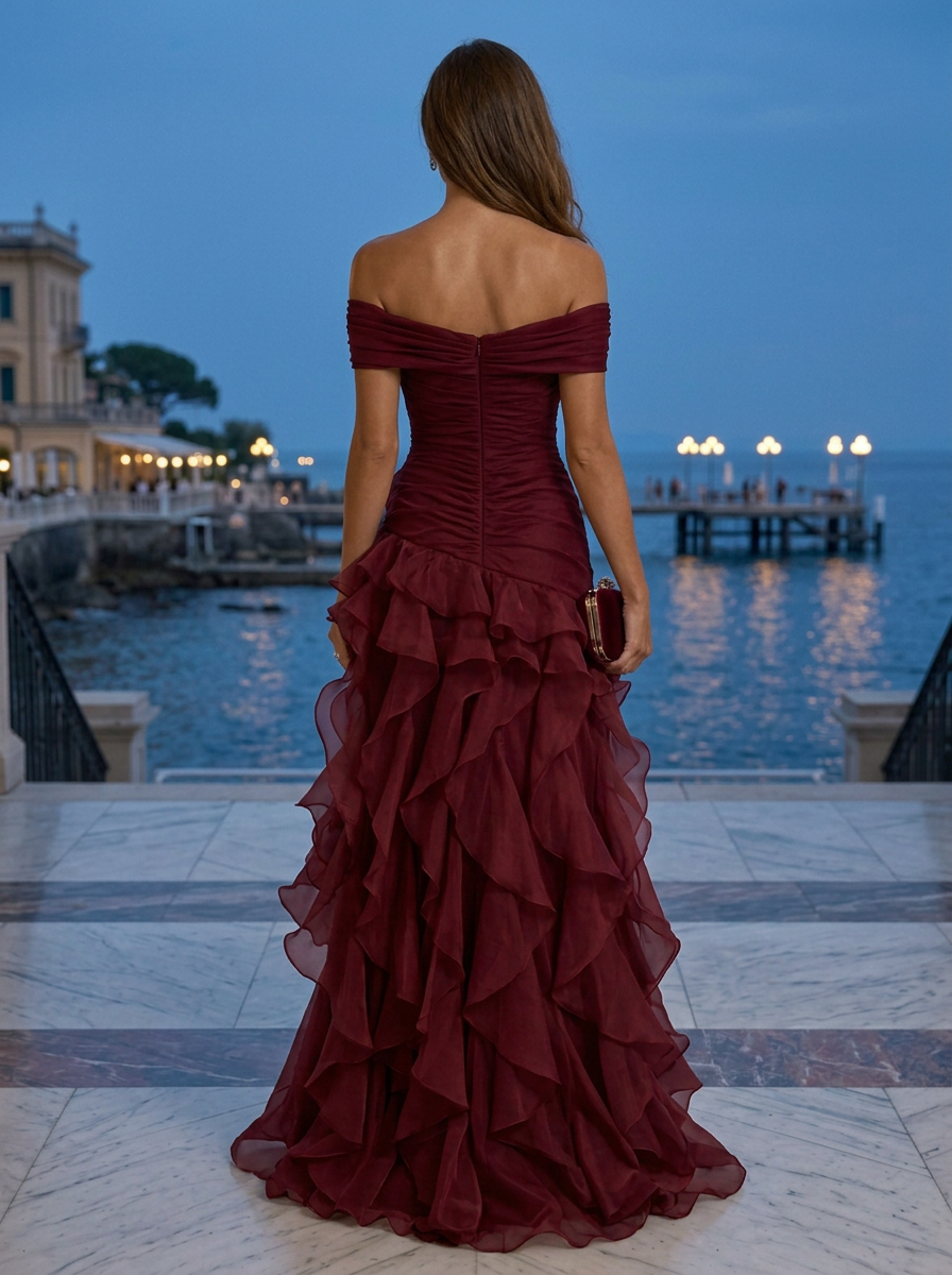 Burgundy Off Shoulder Ruffle Slit A-Line Maxi Dress