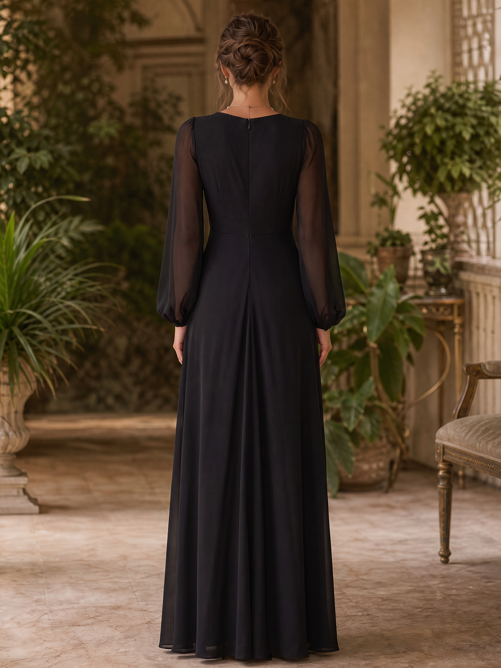 Black and Ivory V-Neck Sheer Sleeve Twist Pleated A-Line Maxi Dress