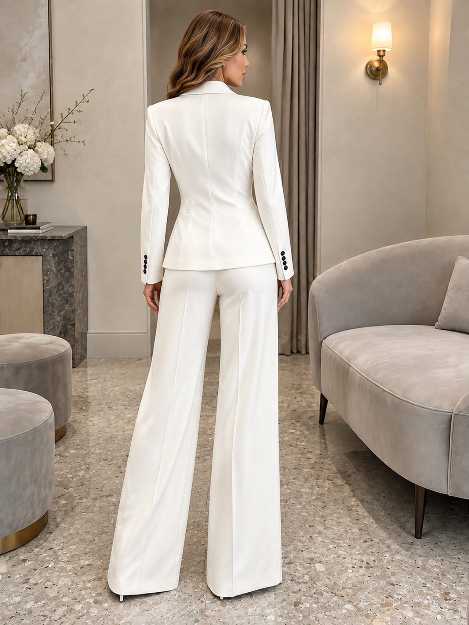 Ivory Lapel Collar Button Front Wide Leg Pantsuit