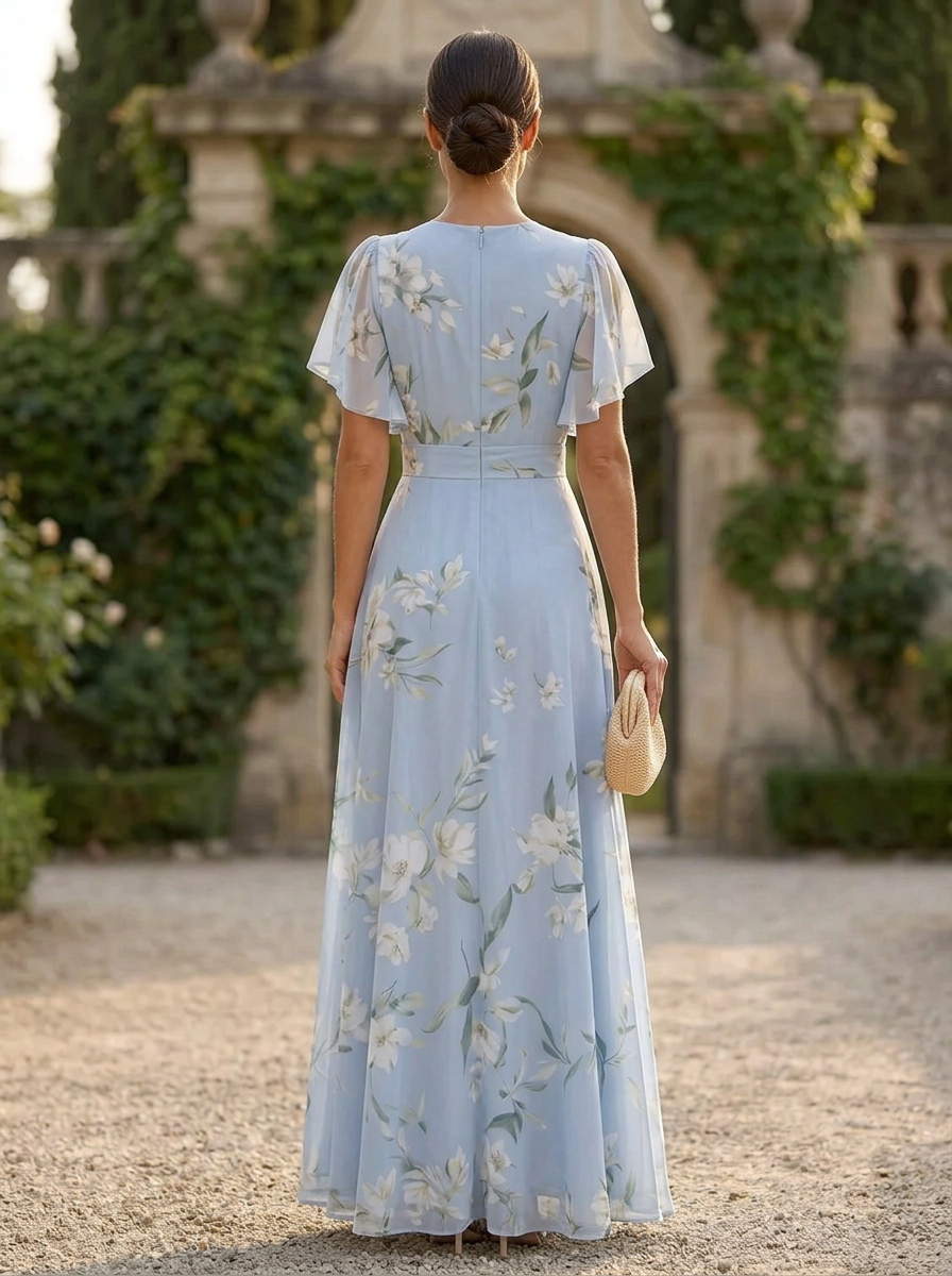 Light Blue Chiffon Round Neck Ruffle Print Maxi Dress