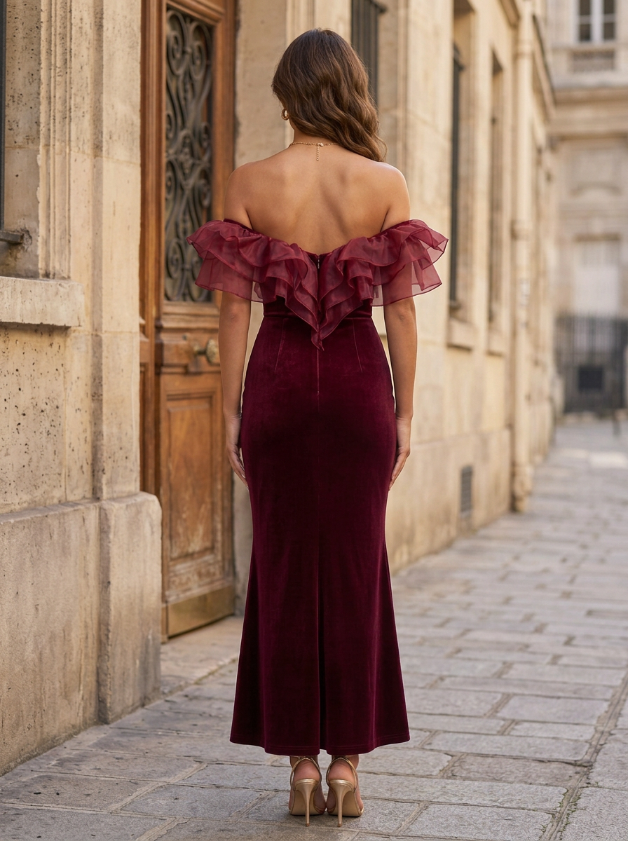 Burgundy Velvet Off Shoulder Ruffle Mermaid Maxi Dress